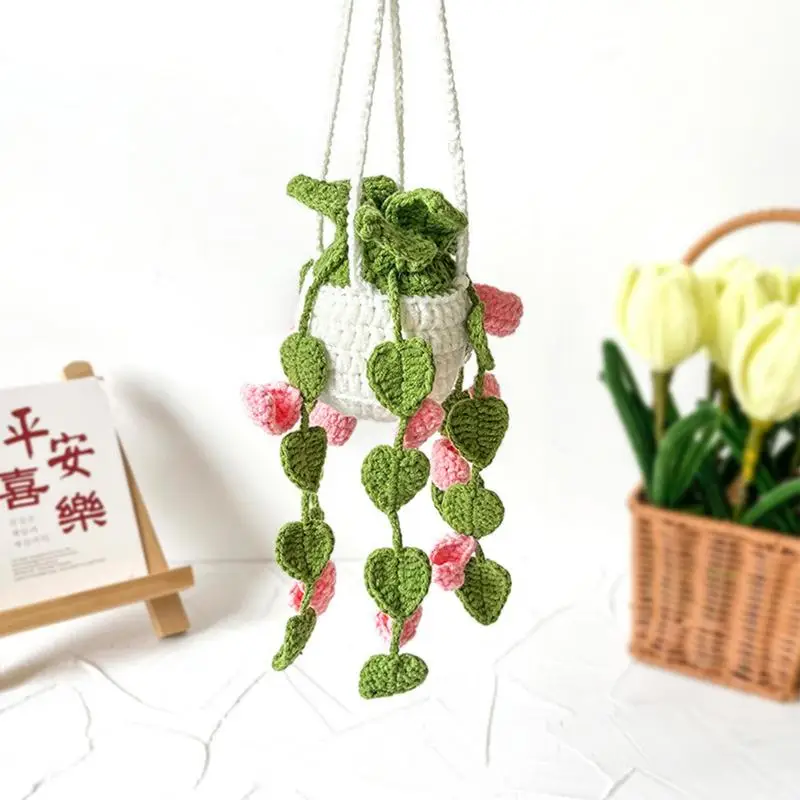 Car Plant Handmade Crochet Hanging Basket Charm Rear View Mirror Accessories  Decoration Gadgets Interior Styling Parts - AliExpress