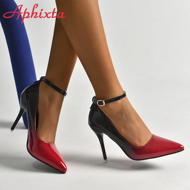 Aphixta New 10cm Stiletto Heels Gradient Pumps Women Shoes Patent Leather Ankle Strap Super High Pointed Toe Super Big 48 49 50