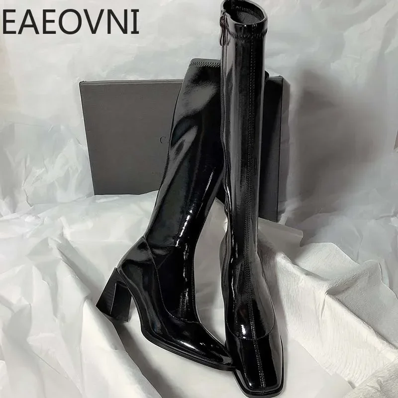 Women Winter High Heel Knee High Boots Fashion Square Toe Long Knight Bootties