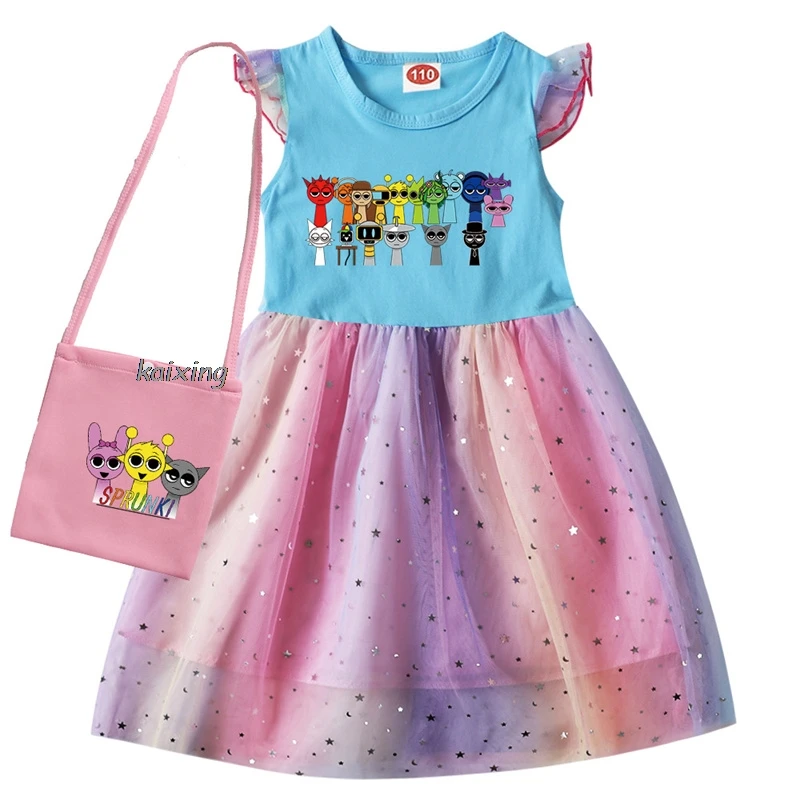 Kids New Girls Dress Sprunki Cartoon Print Kids Clothing Princess Dresses +Bag Flying Sleeve Party Costume Best Gift