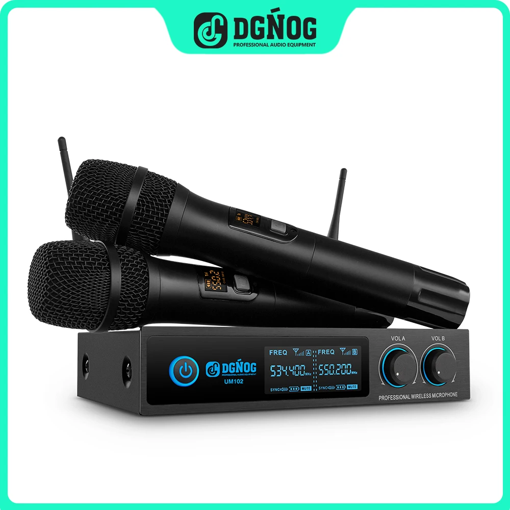 

UHF Wireless Microphone DGNOG UM102 Adjustable Frequency Dual Handheld Microphone Full Metal Suitable for Church Singing Karaoke
