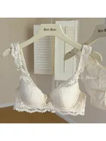 YUQI White Lace Bra & Panty Set Padded Bralette for Small Chest Summer Slimming Underwear Low Back Lingerie for Women Sexy Set
