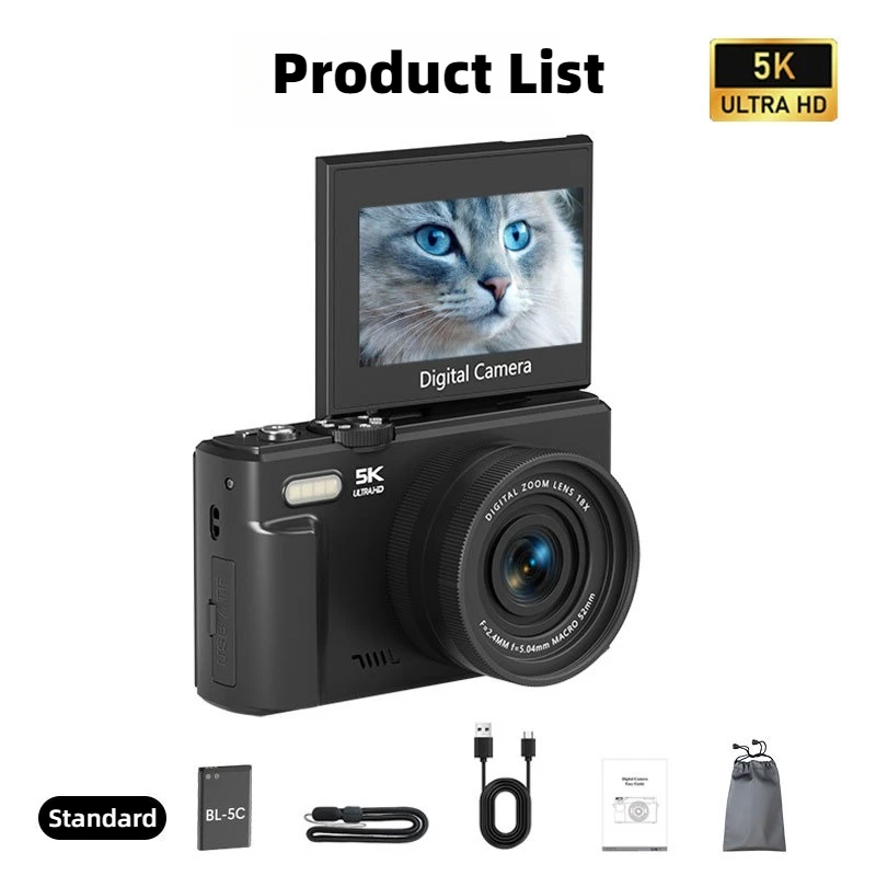 75MP 미러리스 디지털 카메라 사진 촬영용 3.0인치 5K HD 180 ° 플립 스크린 18배 디지털 줌 빈티지 레코더 (브이로그 영상용)