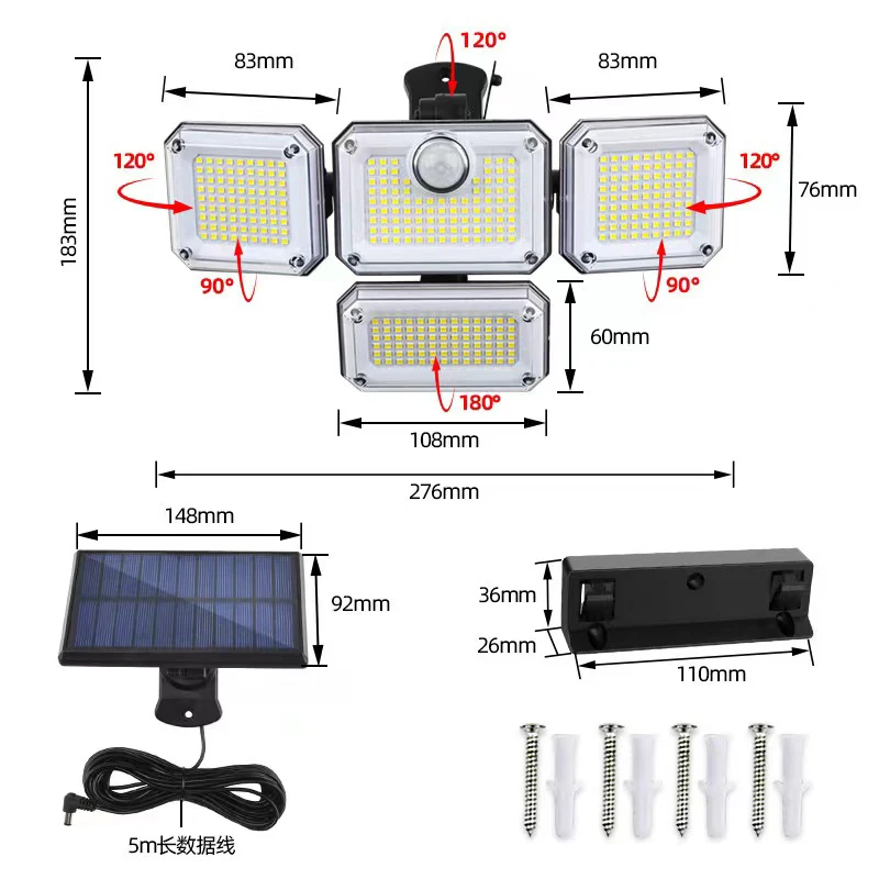 

Solar Wall Lamp, Human Sensing Road Lighting, Four Head Rotating Split Waterproof Street Lamp, Courtyard Lamp