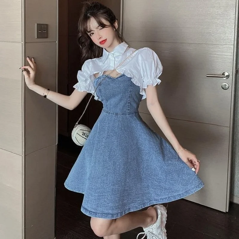 Women Sets Short Puff Sleeve Cropped Denim Knee-length Dress