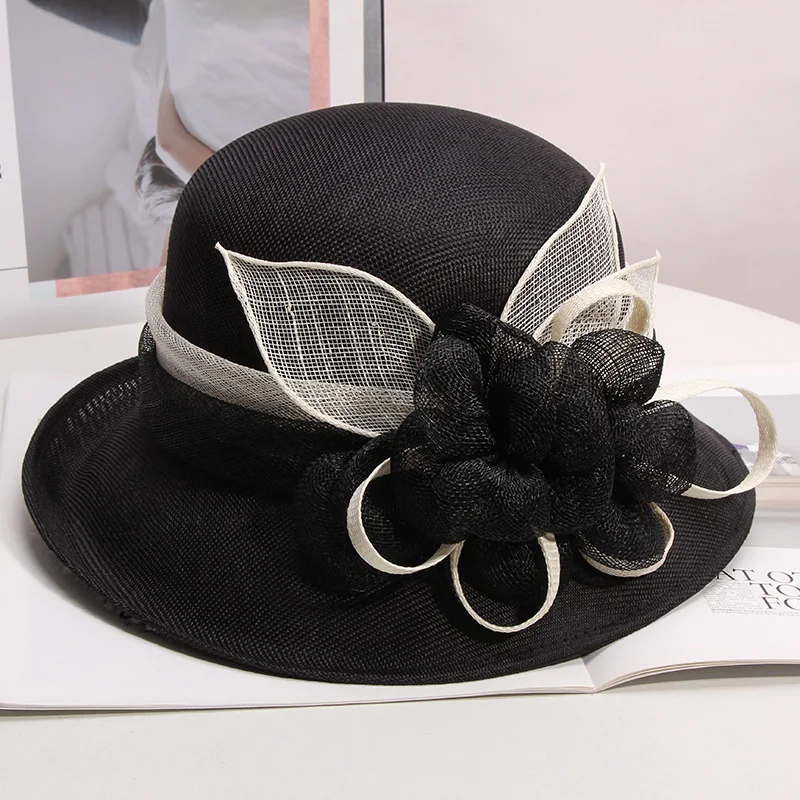 

New British Lady Deby Race Fedora Summer Church Elegant Sinamay Flower Linen Sun Cap Women Vaction Wide Brimmed Cloche Hats