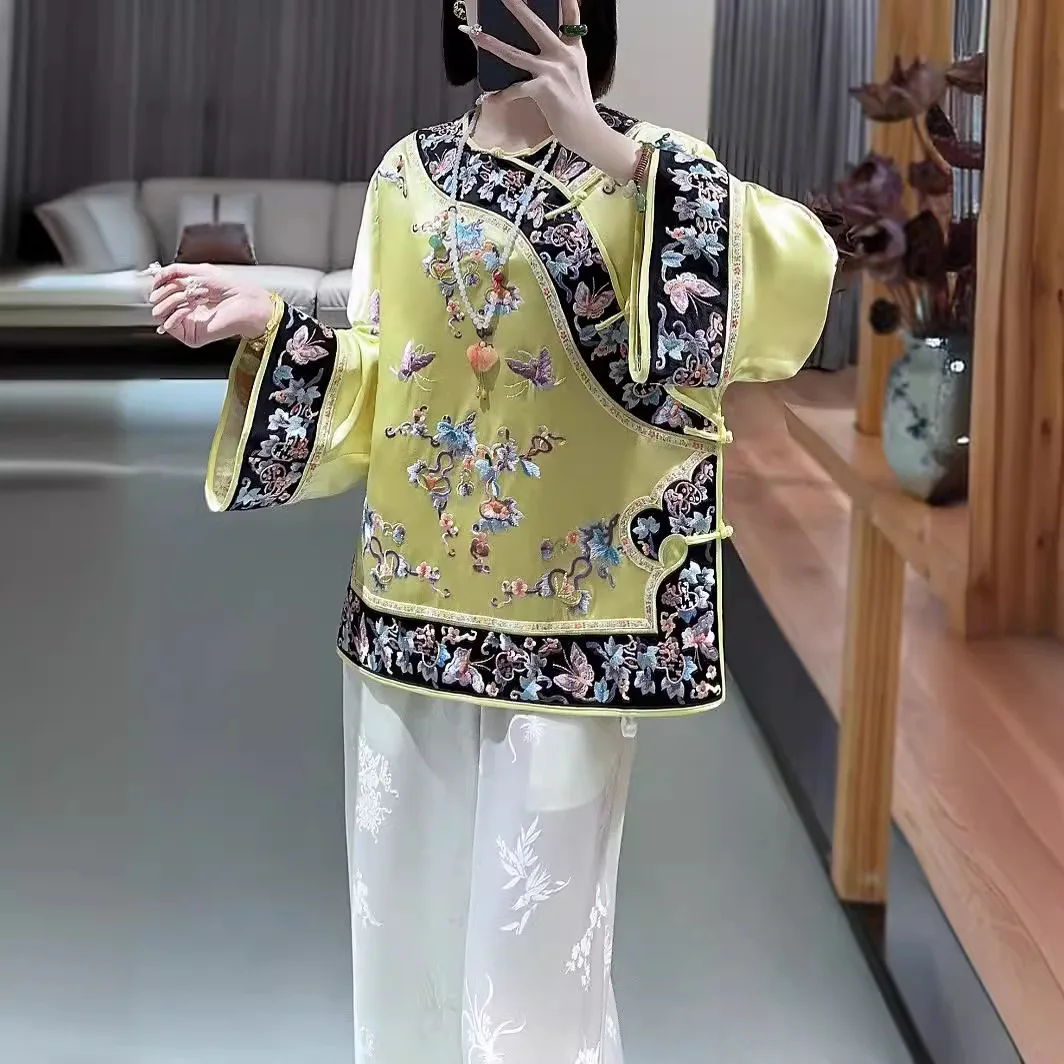 High-end Spring Women Acetate Top Retro Embroidery Butterfly Love Flower Elegant Lady Loose Coat Palace of the Qing Rulers S-XXL