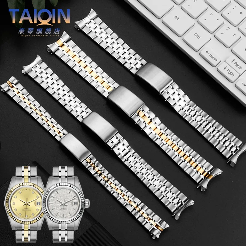 Curved End Metal Watchband with Folding Buckle - Solid Stainless Steel Strap Bracelet