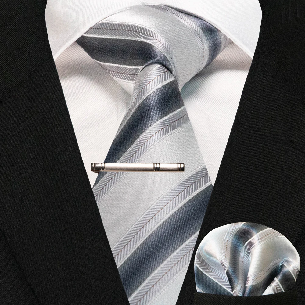 JEMYGINS Business Tie for Men Silk Navy Blue Tie Striped Paisley Necktie Handkerchief Tie Clips Set for Wedding Party Gift