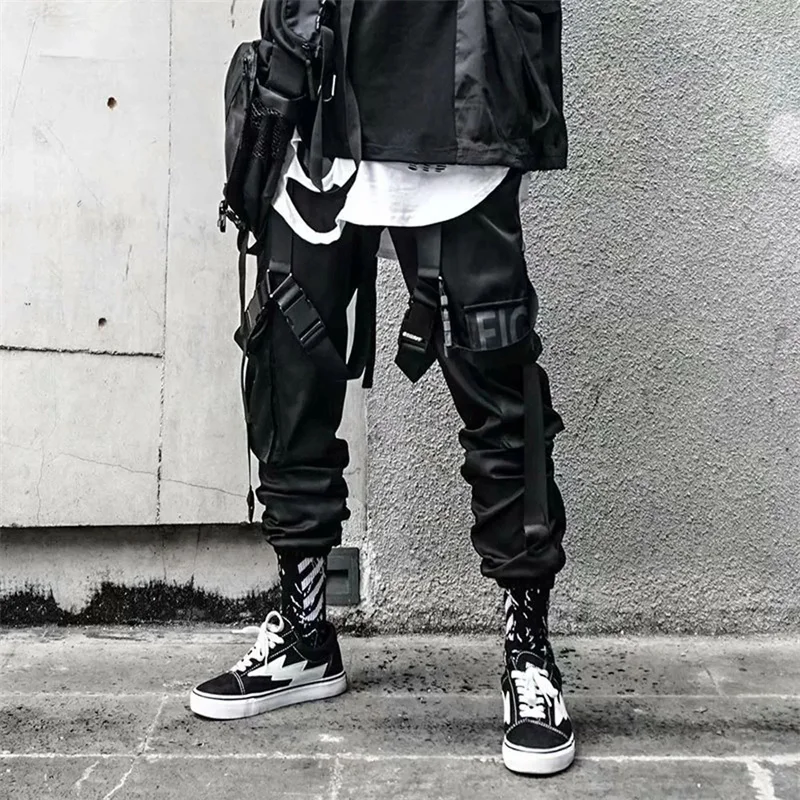 

Y2K Joggers Cargo Pants For Men Casual Hip Hop Hit Color Pocket Male Trousers Sweatpants Streetwear Ribbons Techwear Black Pants