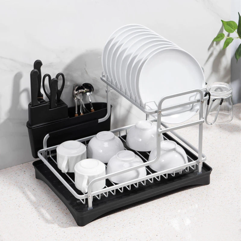2 Tier Dish Drying Rack With Drainer Plate Silver Aluminum Alloy Kitchen Sink Shelf Organizer