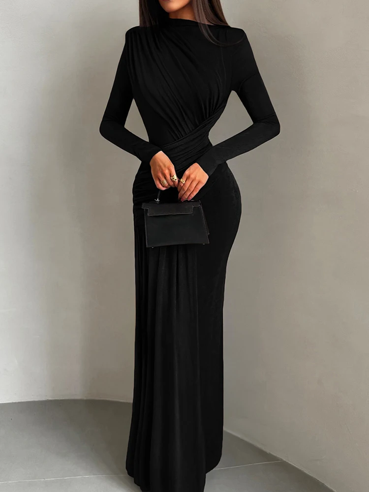 Nibber Folds Maxi Dress Women o-Neck Full Sleeve Solid Banquet Elegant Vacation Fashion Autumn Skinny Casual Simple Vestidos