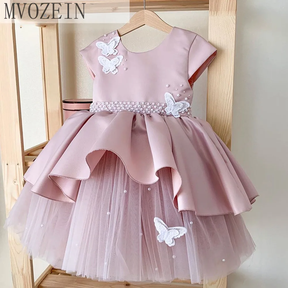 

Mvozein Pink Puffy Flower Girl Dresses A Line Pearls Blet Butterfly Birthday Dress Lovely Girl Wedding Party Dress Princess