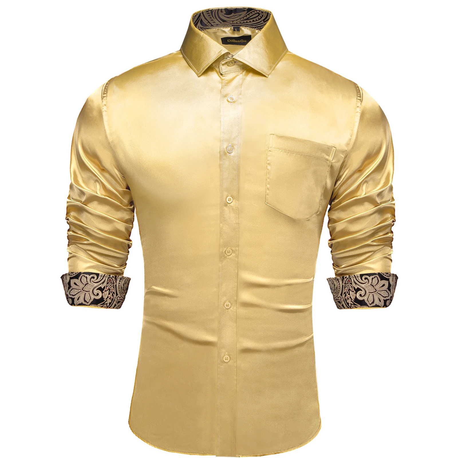 Yellow Paisley Collar Cuff Splicing And Contrasting Shirts for Men Designer Brand Stretch Satin Men's Clothing Dress Shirt