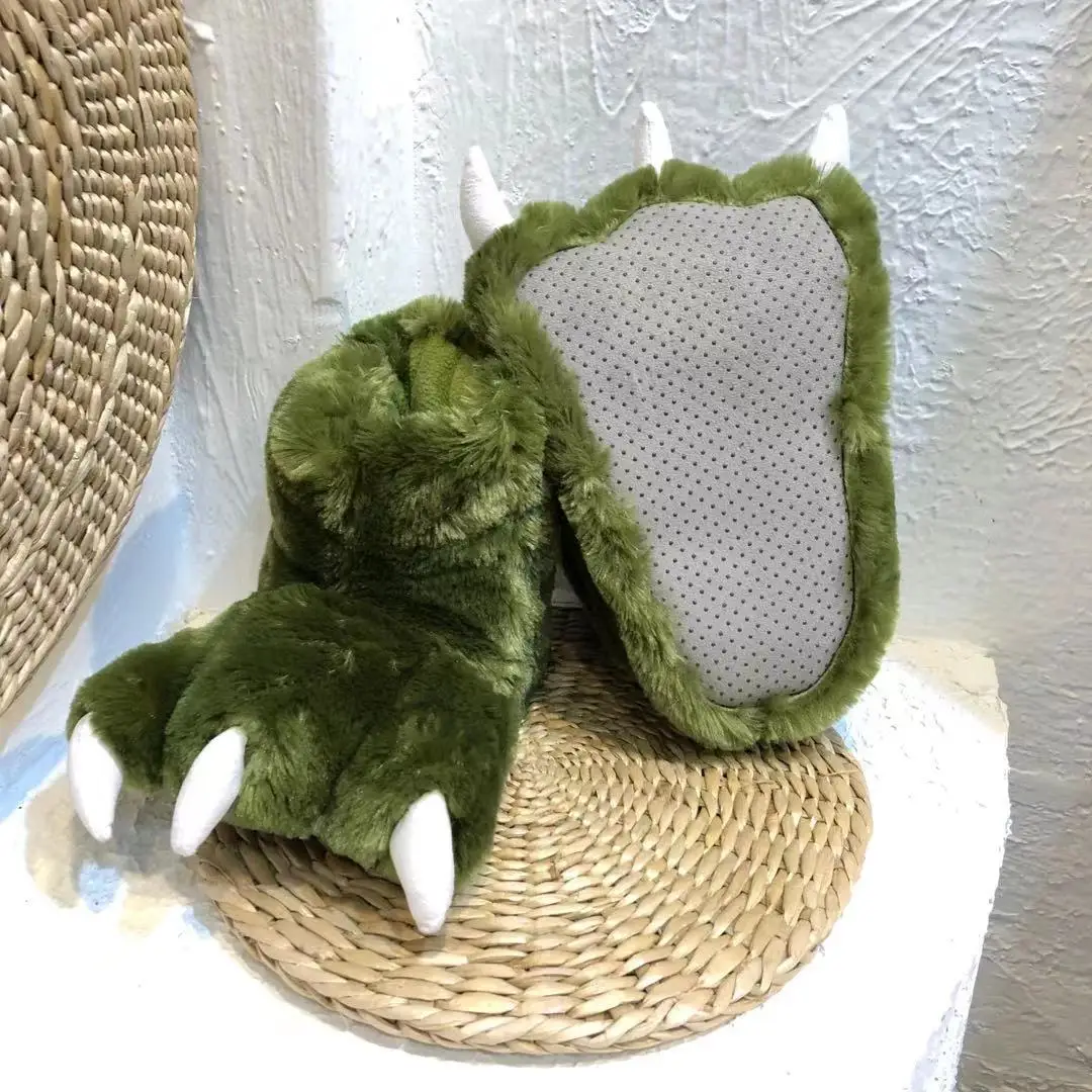 

Novelty Green Fluffy Slippers Women's Deisnger Animal Paw Fur Slides High Top Soft Warm Animal Indoor Slipper Cartoon Cosplay