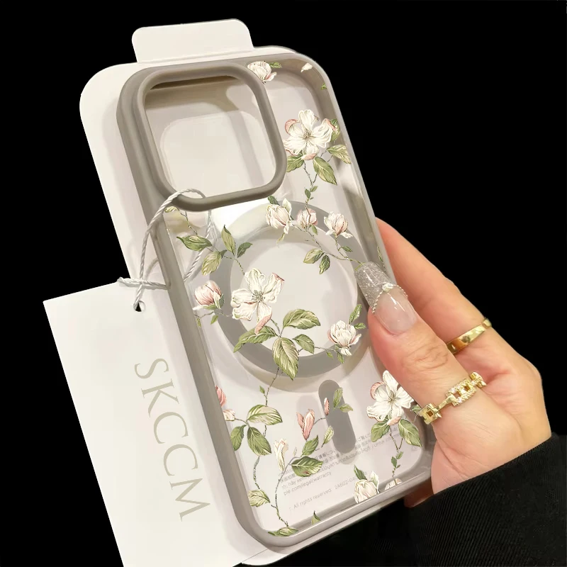 Charming Floral Design Matte Magnetic Clear Phone Case with Wireless Charging Capability