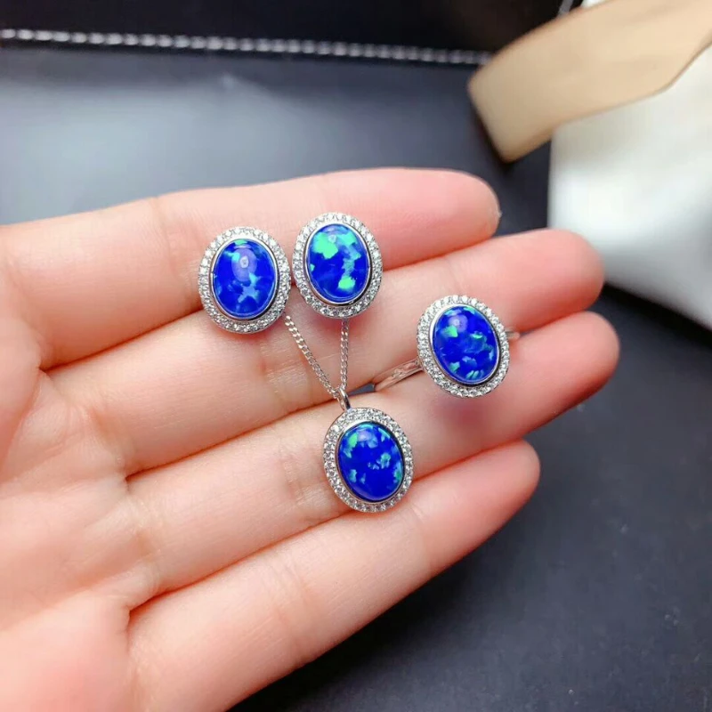 

Blue Opal Gemstone Ellips Earrings Ring and Necklace 3 Pieces Set for Women Real 925 Sterling Silver Fine Jewelry