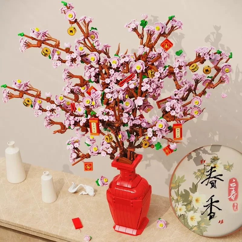 New Year Flower Bouquet Peach Blossom Blooming Building Blocks Plant Potted  Rose Bricks Toys for Girls Gifts Home Decoration