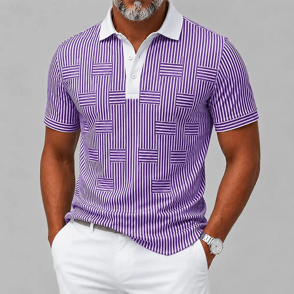 Polo da uomo con stampa a righe verticali blu e bianche, top casual per streetwear primaverile ed estivo e occasioni smart casual - immagine 3