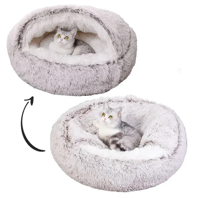 50cm Cat Bed Round Plush Fluffy Hooded Cozy Cat Bed Cave for Indoor Donut Self Warming Small Dog Bed Anti-anxiety Puppy Kennel