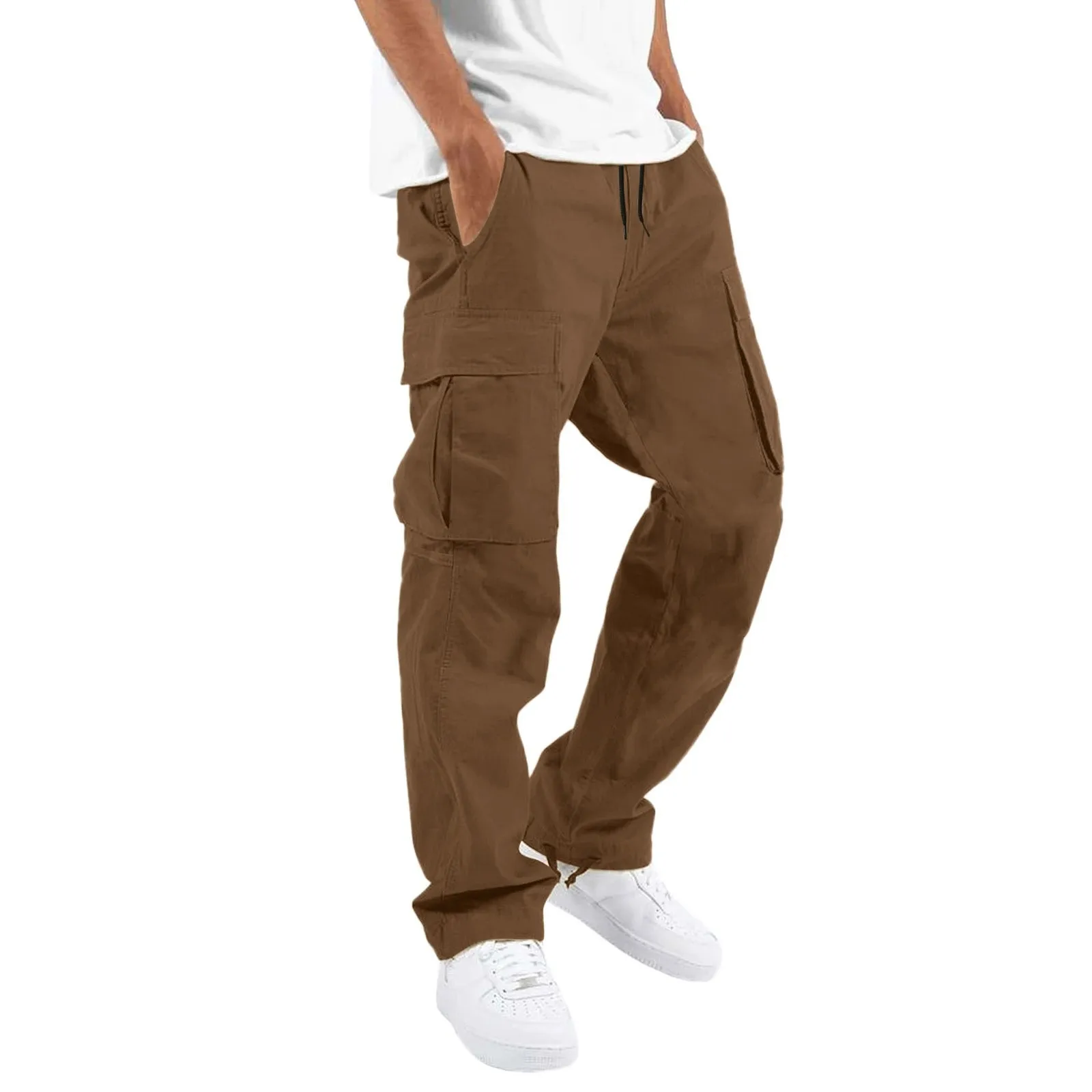 

Mens Cargo Pants Spring Autumn Solid Color Elastic Waist Straight Trousers Hip Hop Vintage Outdoor Sports Jogger Loose Bottoms