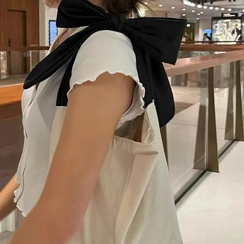 Cream White Canvas Bag Sweet Bowknot Soft Cloth Fabric Large Capacity Simple Lazy Handbags Sweet Fashion Underarm Shoulder Bag