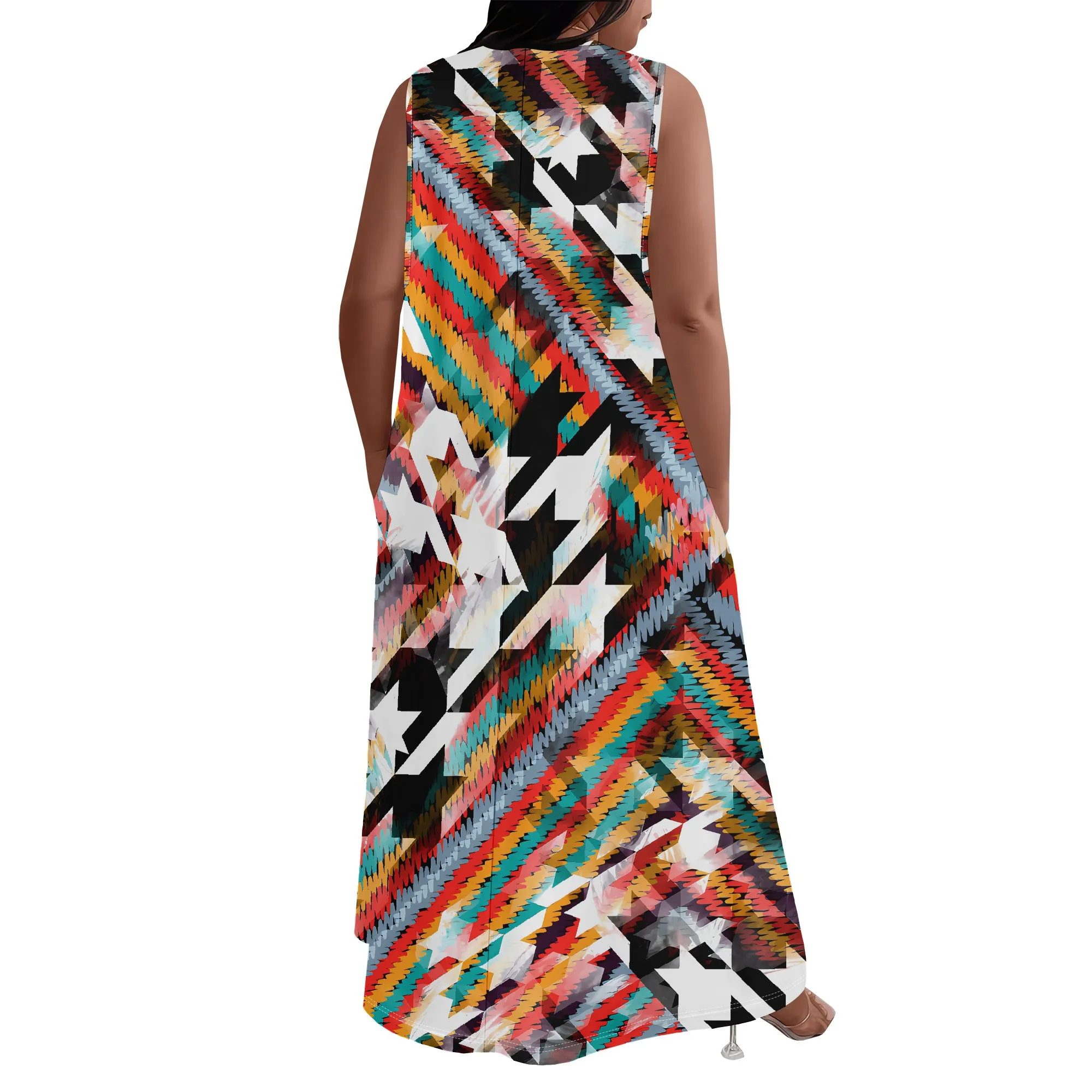Plus Size Damen-Sommerkleid, modisch, bedruckt, afrikanischer Stil, ärmellos, runder V-Ausschnitt, lockeres und lässiges Kleid – Detail 4