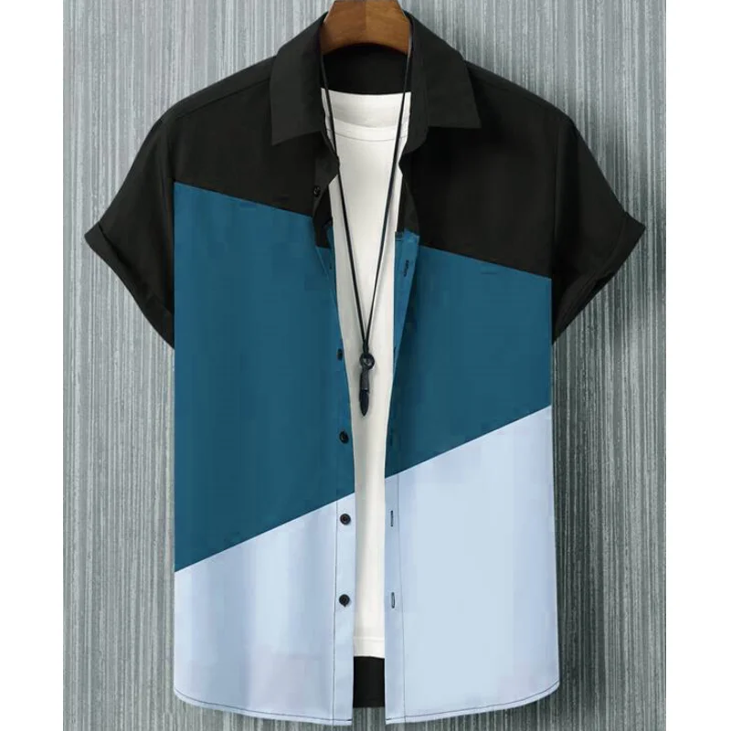 Casual Short Sleeved Shirt Short Sleeved Shirt Men's 3D Patchwork Plaid Printed Summer Casual Short-Sleeved Daily Street Tops Loose Oversized Shirt