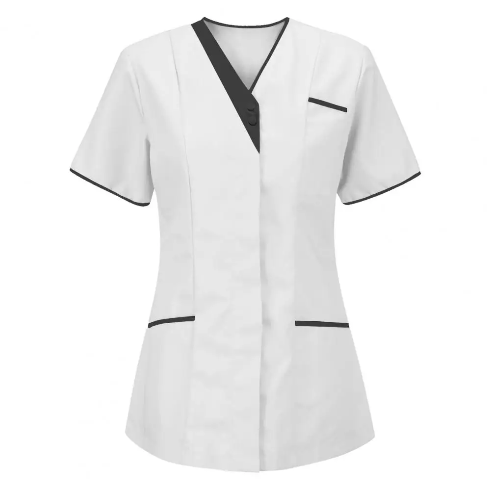 Top Fashion V Neck Buttons Working Uniform T-shirt Women Blouse Pockets Working Uniform T-shirt Worker working uniform blouse