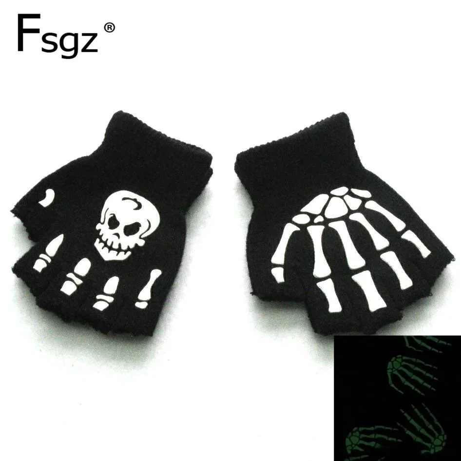 Children Mittens Knitting Warm Fingerless Gloves Halloween Noctilucent Human Skeleton Head Skull Bones Luminous Student Glove