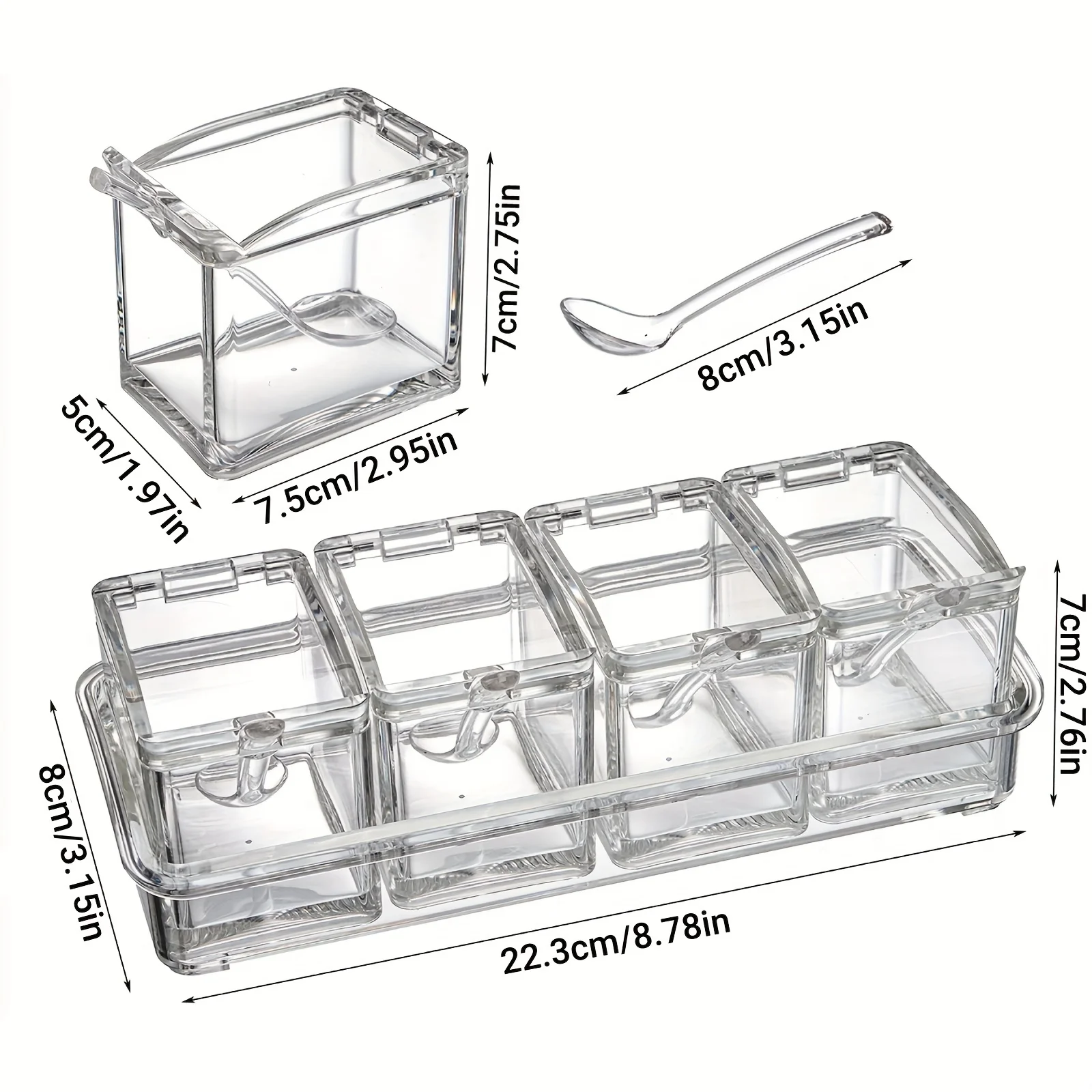 Seasoning Storage Container Set of 4 Clear Crystal Seasoning Box with Spoon Rack Spice Pots for Pepper Spice