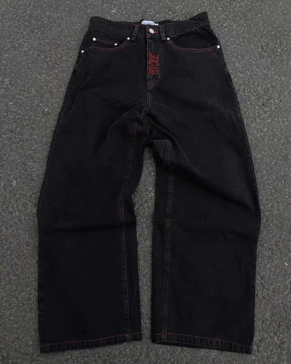 Embroidered Skull Head Cotton Casual Pants Men's Straight Leg Workwear Trousers Youth Faion Loose Fit Jeans Trendy