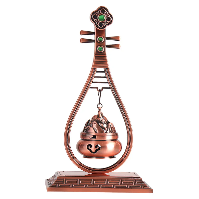 

Copper Color Incense Burner Metal Chinese Lute Backflow Incense Cones Burner Buddha Worship Incense Coils Holder Burner Box