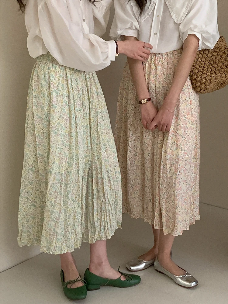 QOERLIN Fashion Elastic Waist Pleated Chiffon Skirts Women Printed Floral Mid-Length Skirts Spring Summer New A-Line Saias Mujer
