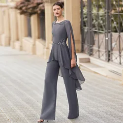 Elegant Chiffon Mother Of Bride Pant Suit For Wedding Backless Zipper Lace Applique Formal Women jumpsuit Evening Occasion Gowns