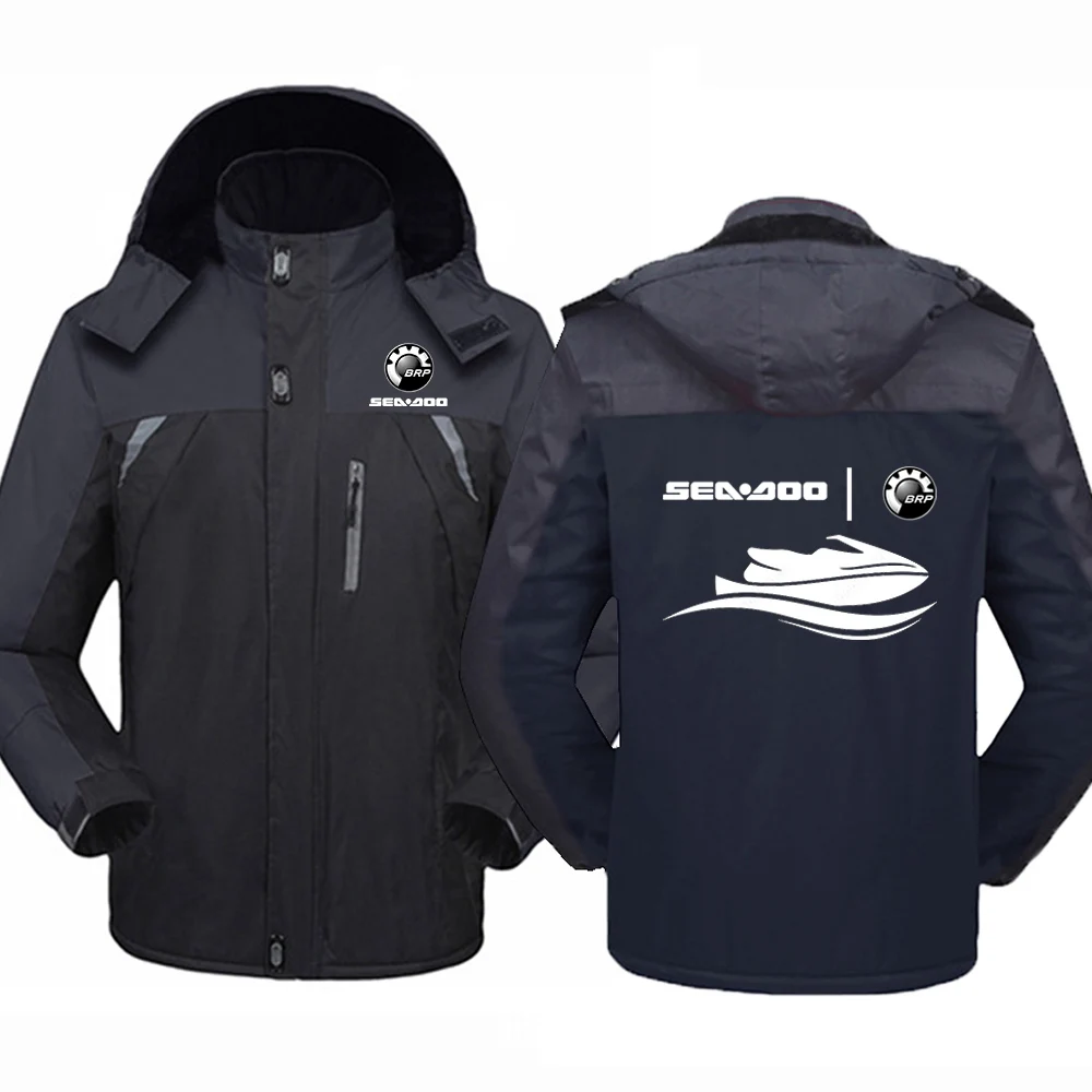 

2023 Autumn Winter Men's Sea Doo Seadoo Moto Print Trendy Plus Thick Warm Coats Detachable Hat Patchwork Hooded Windbreak Jacke