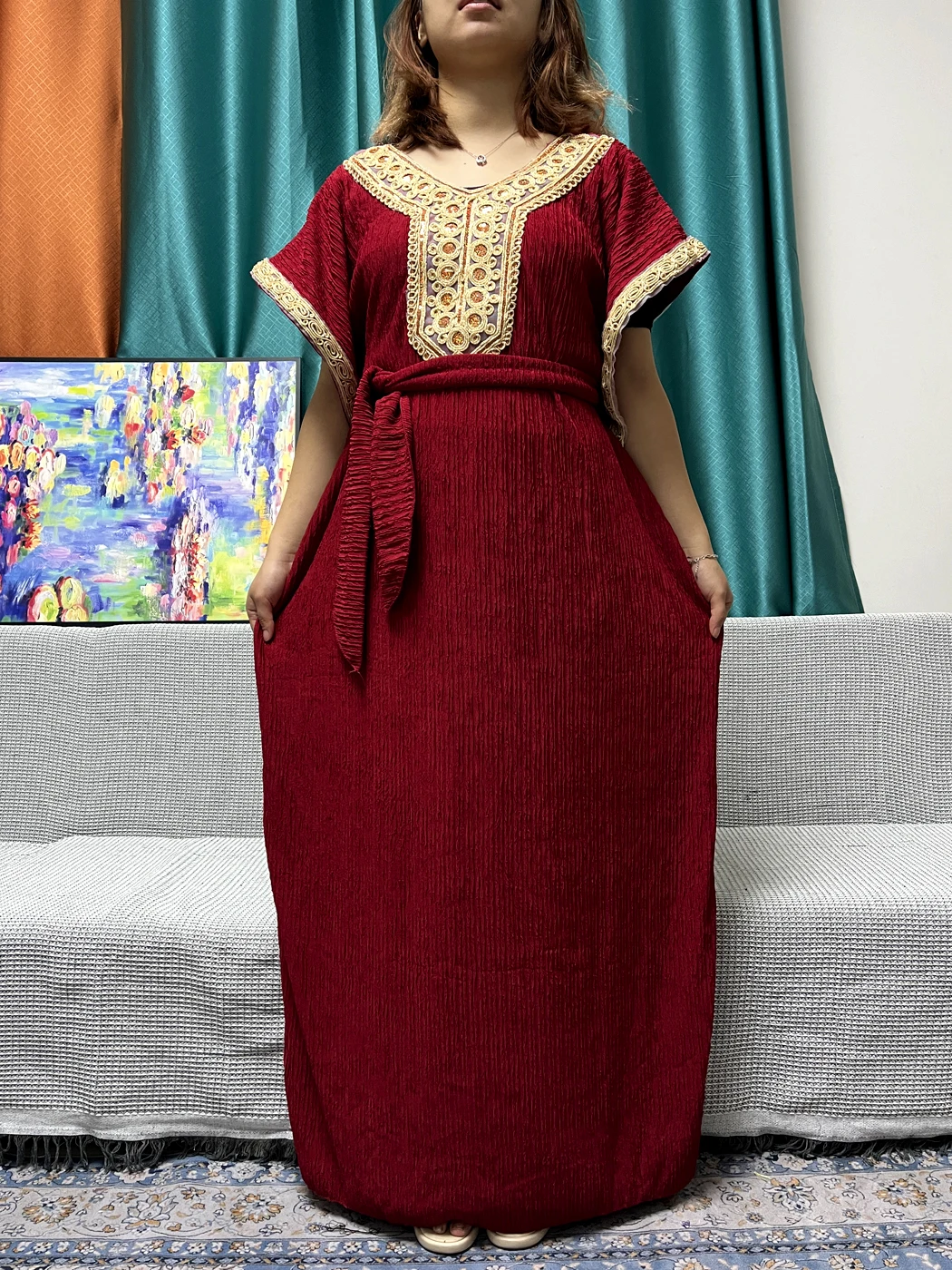 Muslim Pure Fleece Abayas For Women Appliques Loose Fit Traditional Caftan Marocain Femme Robe African Islam Dresses With Belt