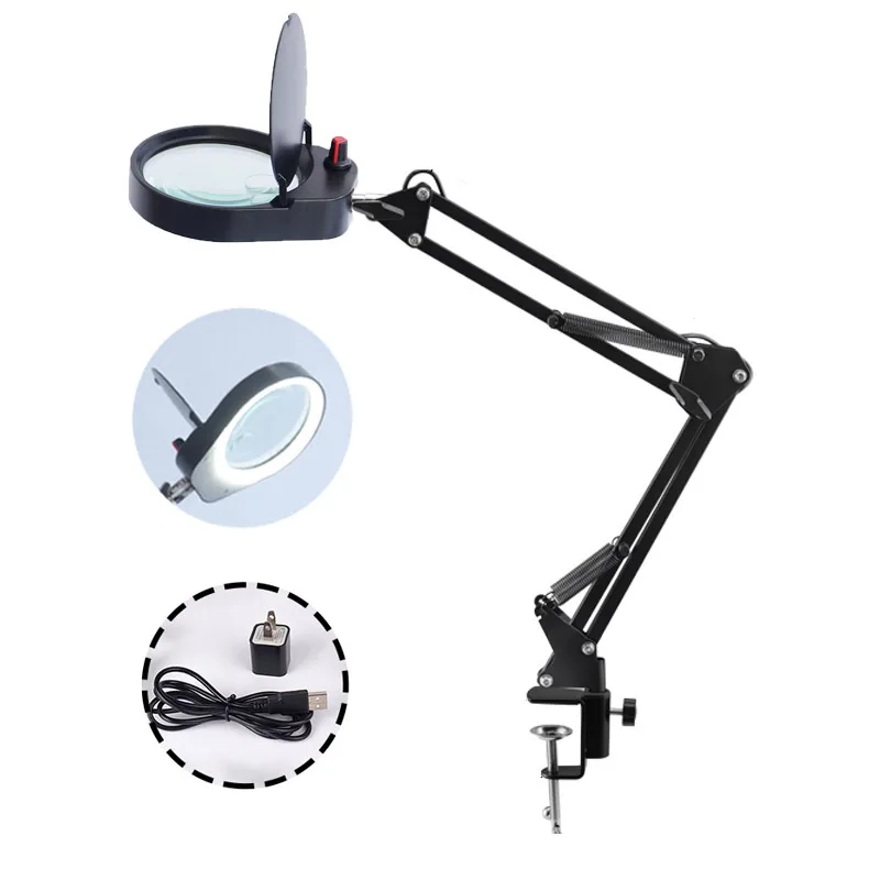 

5X 8X15X Glass Lens Magnifier Lamp Magnifying Glass with Light and Stand Hands-Free Adjustable Swivel Arm for Close Work