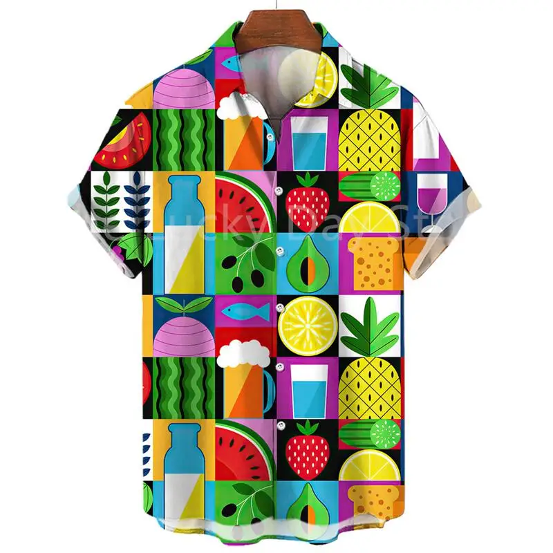 Camisas hawaianas con estampado de frutas a la moda para hombre, camisa informal de manga corta con estampado 3D de talla grande para hombre, camisa hawaiana de playa de verano