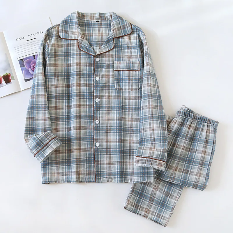 Pajama Sets Japanese Men's Spring/Summer Checkered Simple Long sleeved Two Piece Set Cotton Cardigan Home Furnishing