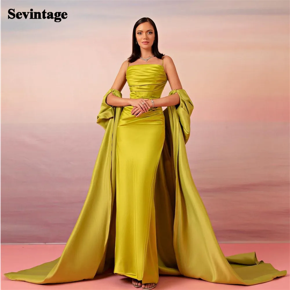 

Sevintage Gold Yellow Saudi Arabia Prom Dresses Satin Spaghetti Strap Formal Pageant Party Gowns Dubai Women Evening Dress