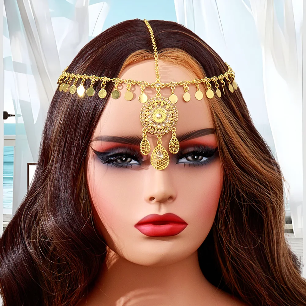 Новые модные арабские украшения в форме головы, золотого цвета, сплав, искусственный кристалл, капля, монета, кисточка, цепочка на голову, свадебные аксессуары для невесты