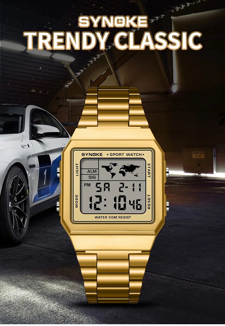 SYNOKE Top Marke Luxus Edelstahl Chrono Sport Uhren Männer Hintergrundbeleuchtung Display Digitale Armbanduhr 5Bar Wasserdicht Reloj Hom – Detail 1