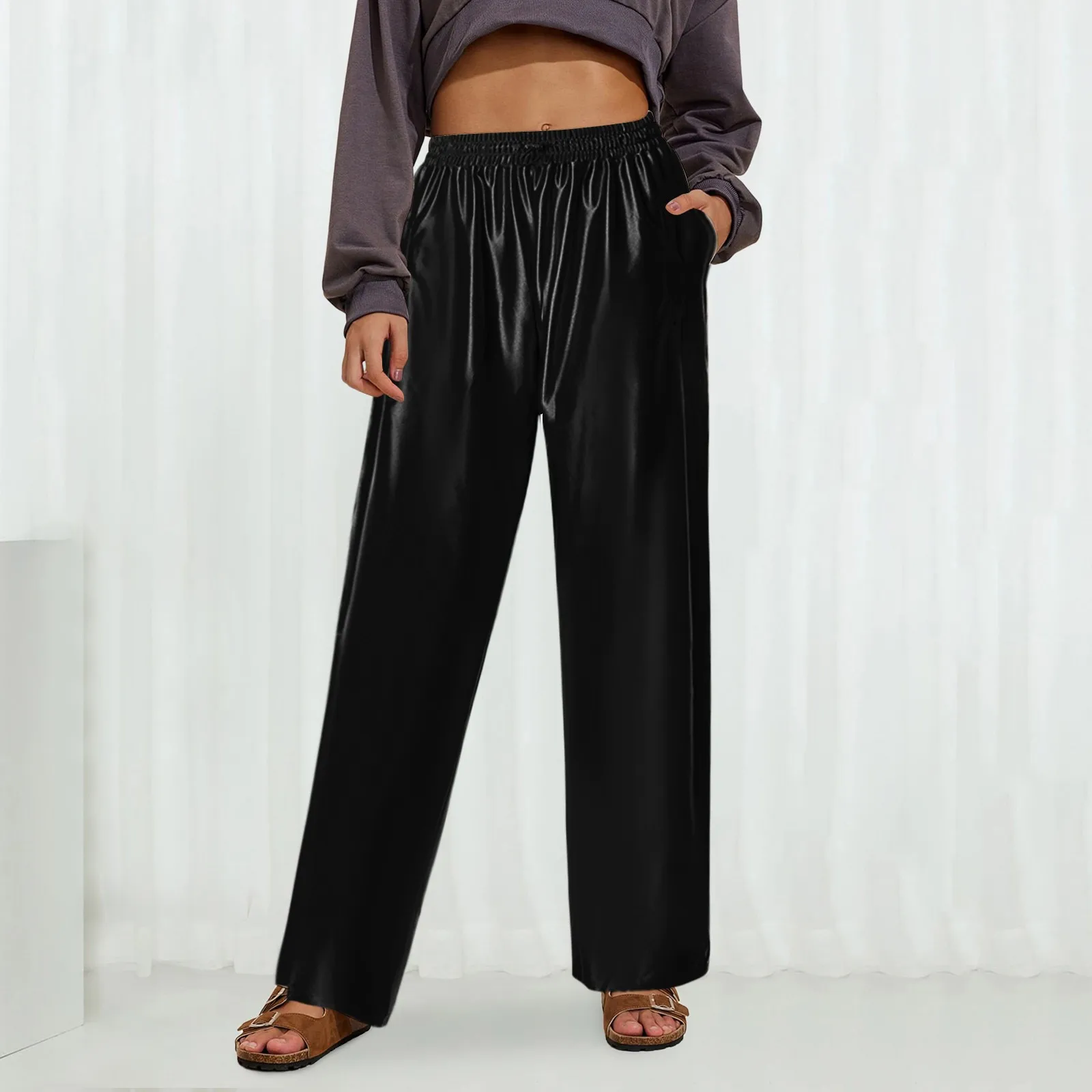 

Women's Shimmer Wide Leg Pants 2024 Fashion High Waist Solid Baggy Loose Pants Y2K Straight Trousers Female Glossy Streetwear