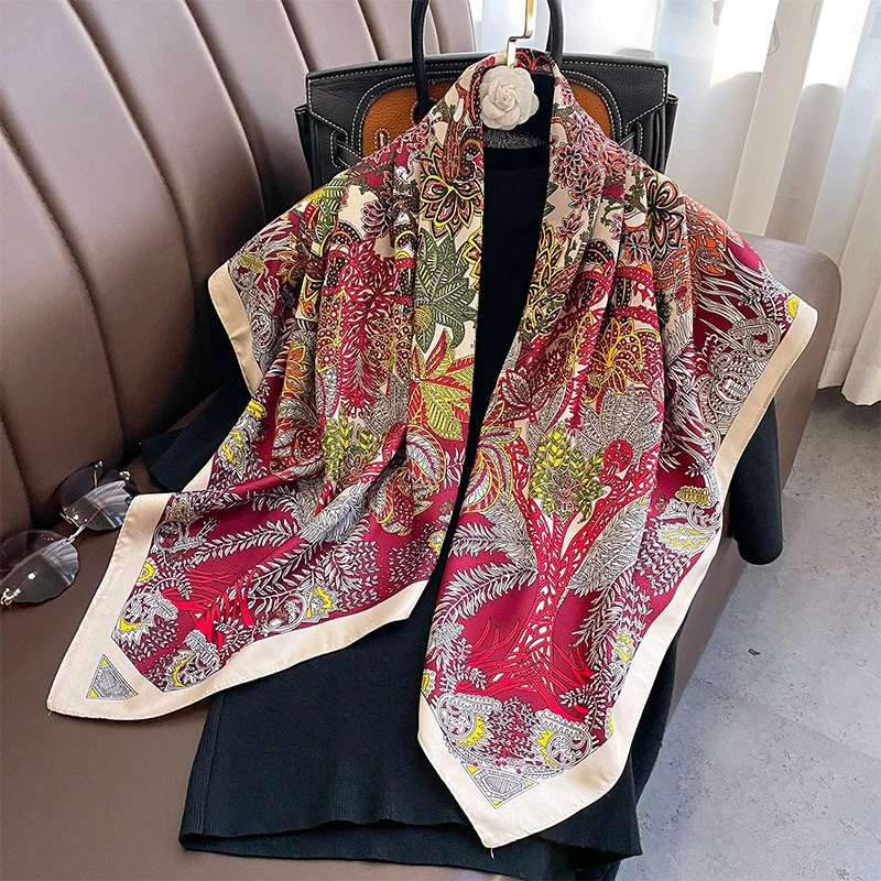 90*90cm Luxury Brand Silk Square Scarf Hijab Women Bandana Soft Scarves Neckerchief Ladies Hair Shawl Wrap Headband 3