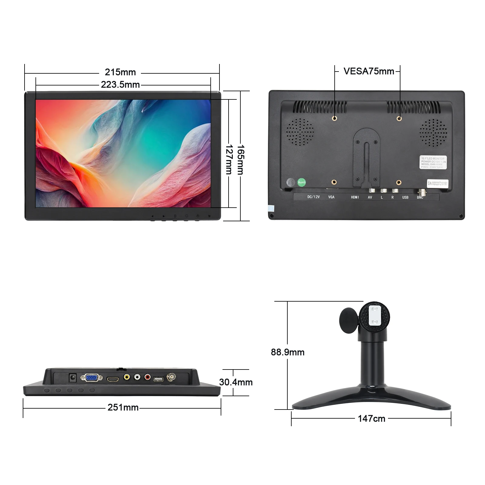 BHVNA Petit Moniteur Portable CCTV de 10,1 Pouces avec HDMI, VGA, AV, BNC,  Interface Multifonction USB Écran LED Mini Moniteur Résolution 1024x600