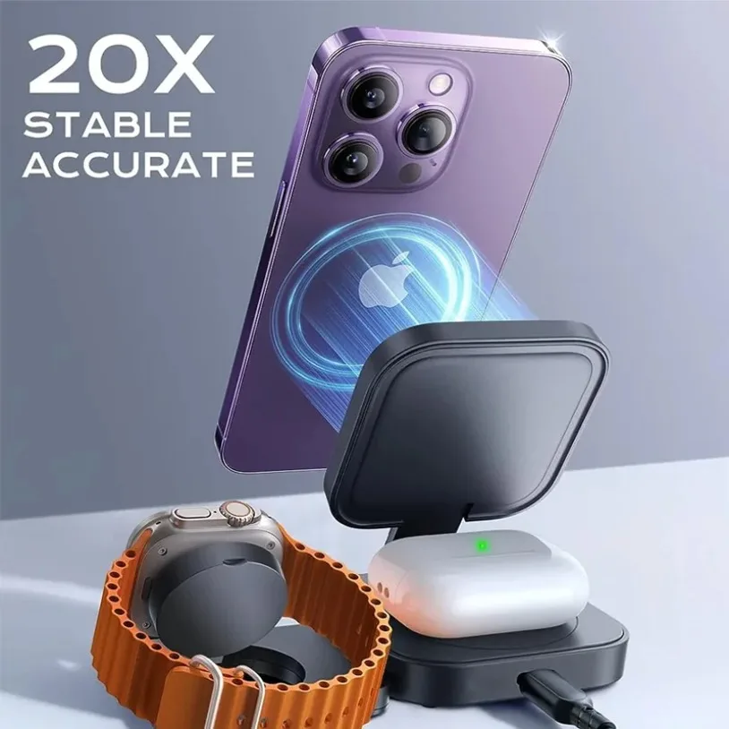 3 in 1 Foldable Magnetic Wireless Charging for Apple Magsafe Charger Stand for iPhone 16-12 Pro IWatch Airpods 2 3 Charger