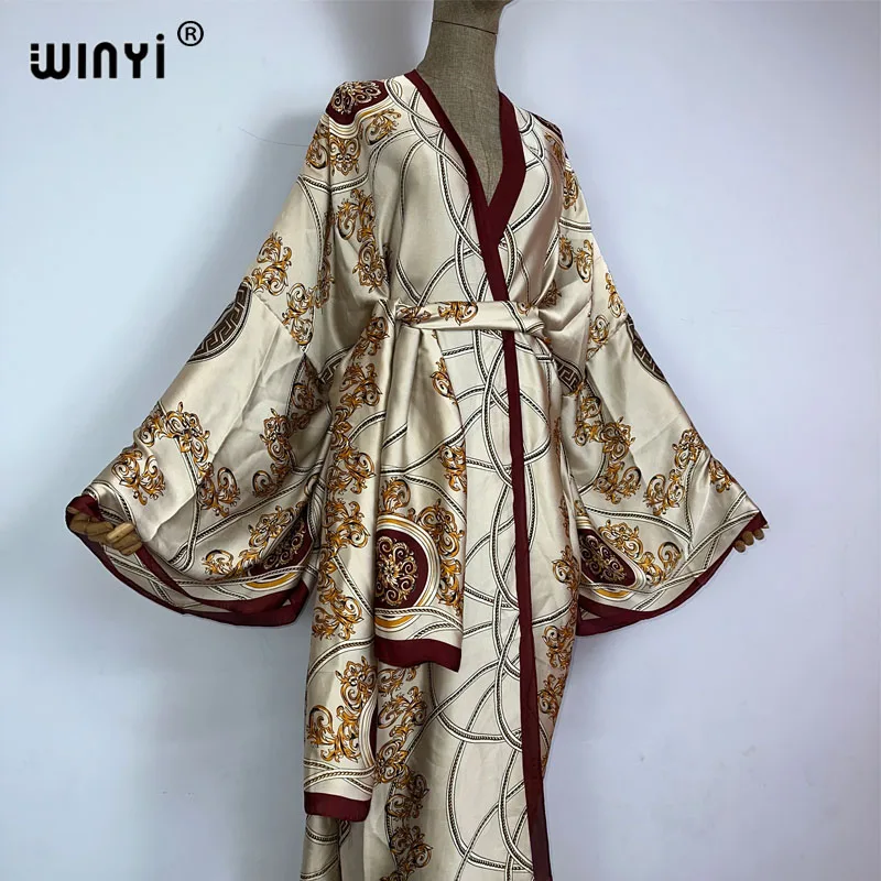 2023 KUWAIT WINYI new Muslim coat Boho Print Self Belted Front Open Long Kimono kaftan Beach Tunic Women Wrap Dresses 2