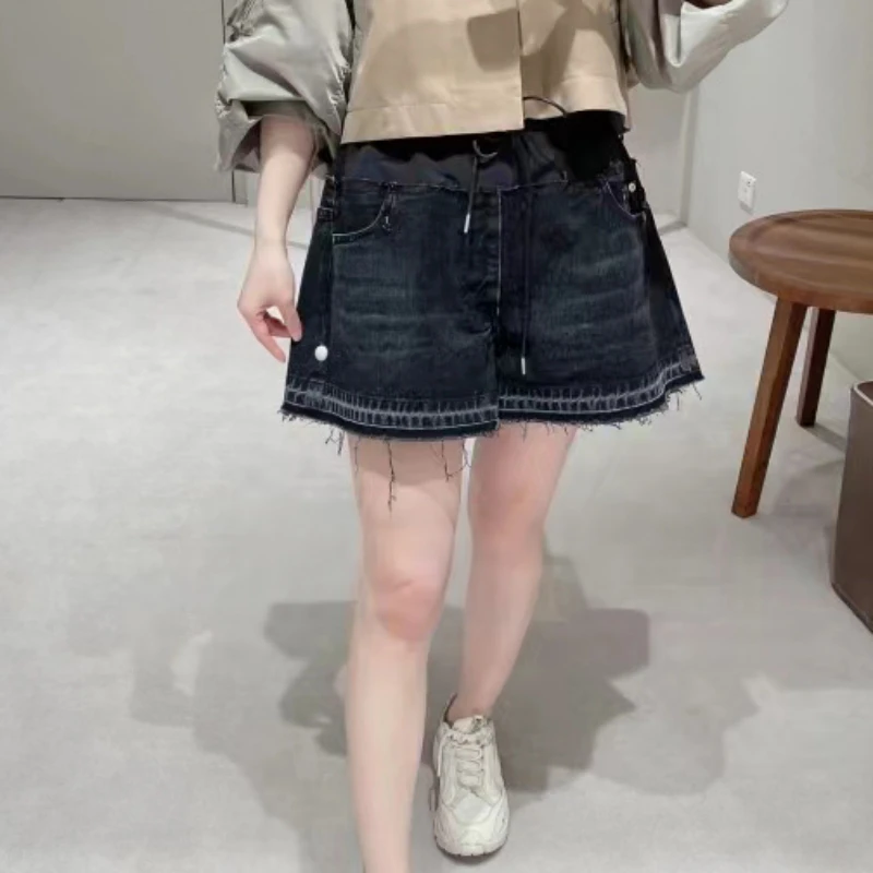 2024-spring-and-summer-new-solid-color-high-waist-drawstring-raw-edge-splicing-denim-shorts-for-women