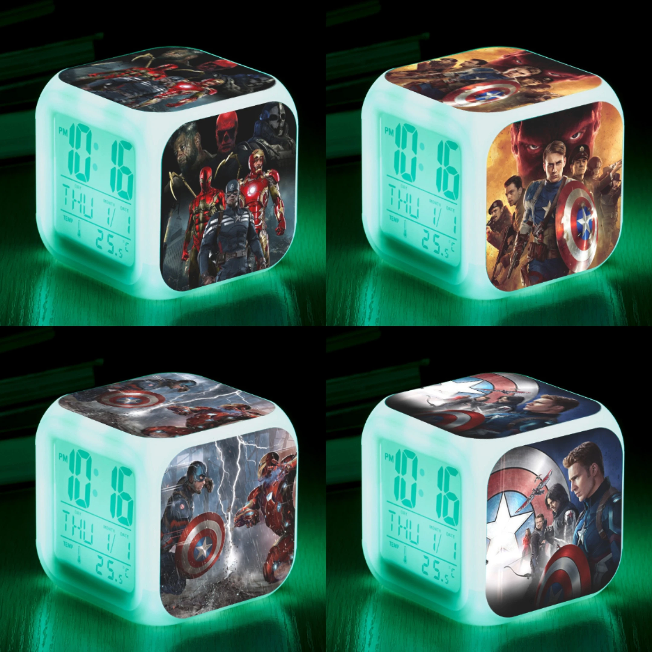 

Marvel LED Color Alarm Clock Growing Change Digital Light PVC Spiderman Captain America Cartoon Hero Figure Toys for Kids Gift